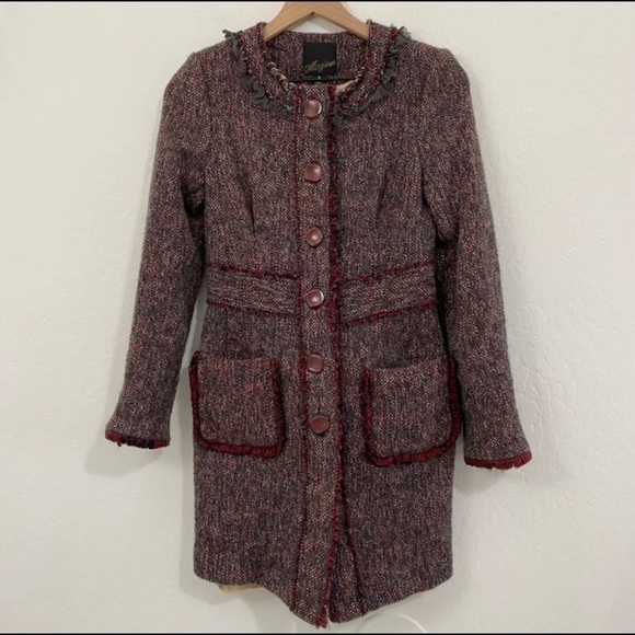 McGinn Women’s 2 Burgundy Gray Tweed Long Button Down Peacoat Fringe Pockets - Picture 1 of 7